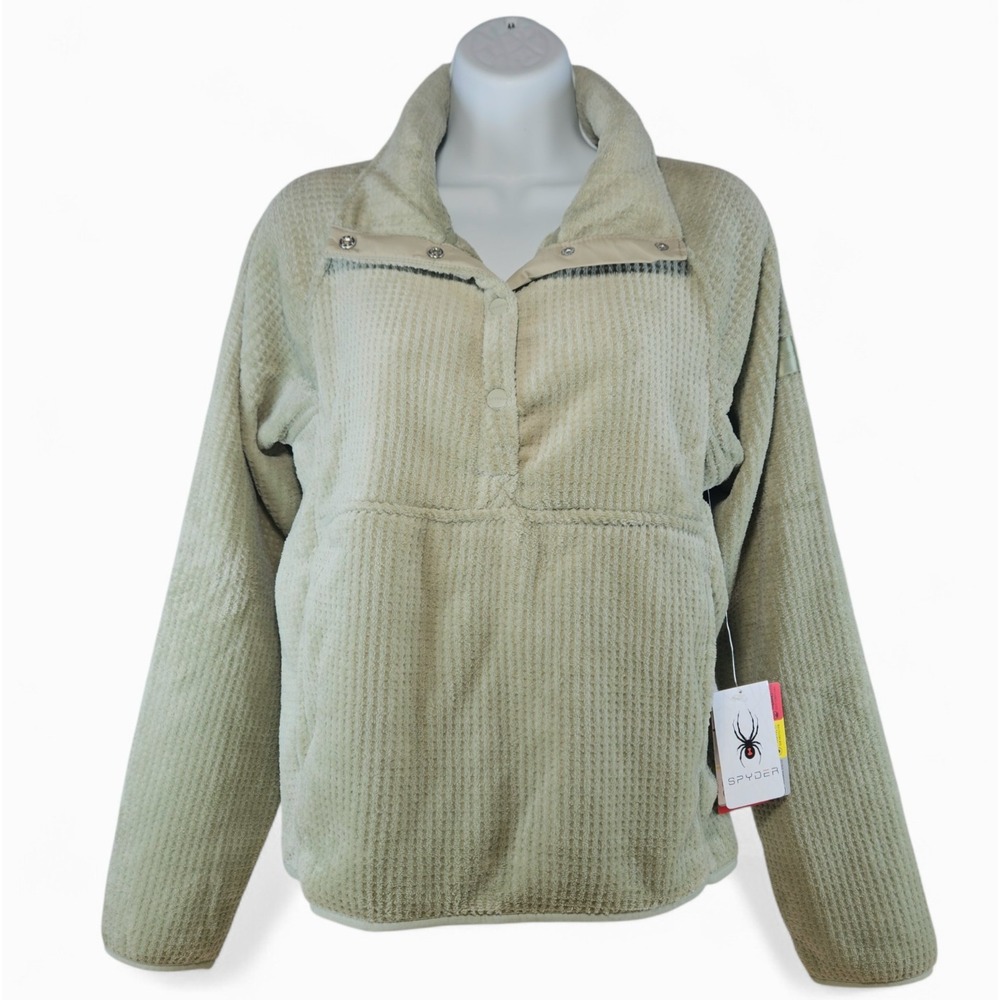 Spyder Pullover Fleece Women Small Sage Green Stretch Waffle Knit Pockets UPF 30